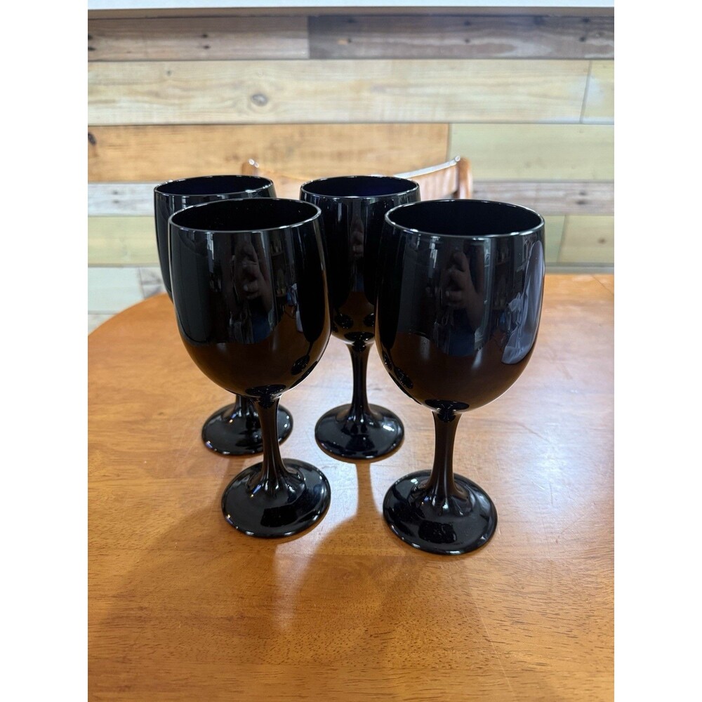 Libbey Black Wine Glasses Goblets Set of 4 Vintage Retro White Wine